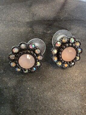 Vintage Style Gunmetal Aurora Borealis Pink Cluster Stud Earrings
